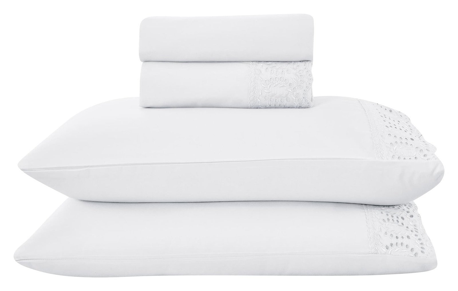 Jogo de Cama King 4 Peças Percal 300 Fios com Bordado Inglês cor Branco